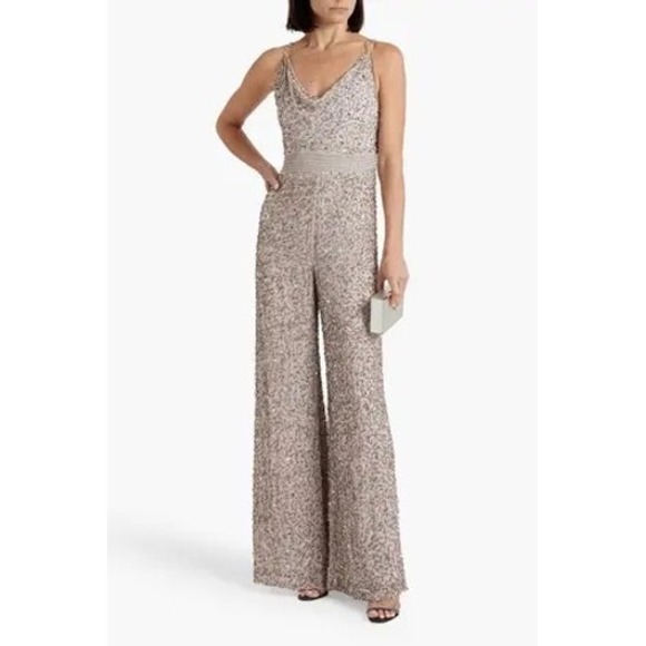 Alice + Olivia NEW Chain Trimmed Embellished Crepe Jumpsuit in Stone 4 MSRP $995 - Picture 1 of 11